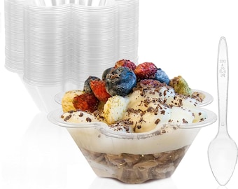 8 oz Dessert Cups with Spoons, 50 Pack Clear Plastic Small Party Serving Bowls for Sundae, Parfait, Fruit,Disposable Bowls (Flower Shape)