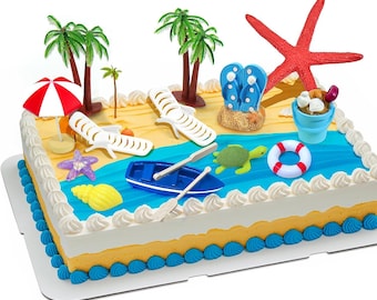 Beach Cake Decorations, 15 Pieces Chair Umbrella Palm Tree Summer Ocean Cake Toppers, Tropical Hawaiian Aloha Luau