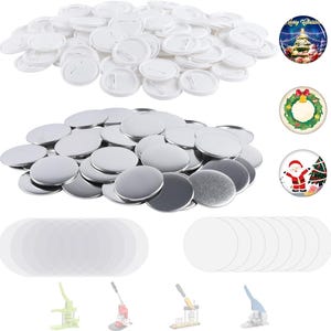 May include: A collection of white button components and silver button blanks. The image also shows several completed Christmas-themed buttons with festive designs, along with button-making tools.