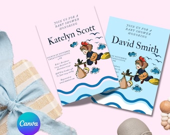 Invitación para baby shower "El parto de Kiki": temática de Ghibli (plantilla editable de Canva)
