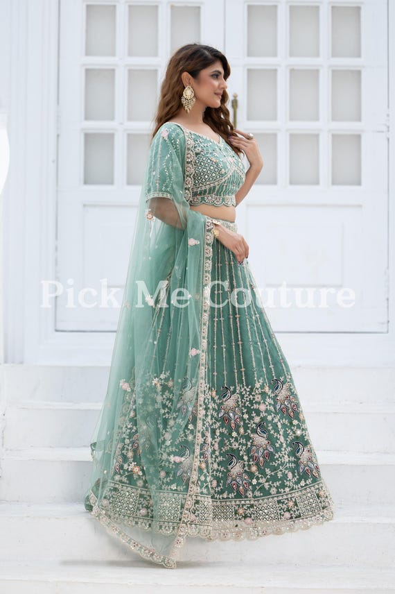 Exclusive Aqua Green Lehenga choli for women, Heavy Sparkle Sequins Embroidered Zari Thread Shiny Rhinestone With Real Mirror Work Lehenga