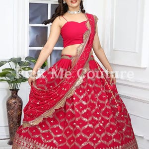 Lehenga choli rose style spaghetti pour femme, lourdes séquences brodées lehenga choli pour une cérémonie de mariage indien, Lehenga choli pour filles