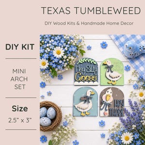 May include: Mini arch set DIY wood kits, each measuring 2.5 x 3 inches. The set includes four arch-shaped signs with goose designs and phrases like "Hey Silly Goose" and "Hey There". The signs are surrounded by flowers and a bird figurine.