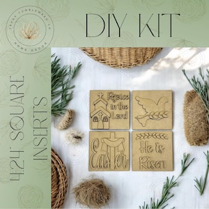 May include: DIY kit with four 4.24-inch square wooden inserts. Each insert features religious Easter-themed designs and text, including a church, dove, cross, and the phrases "Rejoice in the Lord," "Easter," and "He is Risen." The kit includes decorative elements.