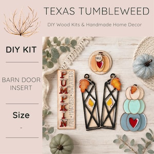 May include: A DIY wood kit featuring a rectangular sign with the text PUMPKIN FALL HARVEST SWEATERS, two black lantern-shaped cutouts with orange leaf accents, a round pumpkin cutout with a heart, and a stacked three-tier pumpkin cutout with a heart.