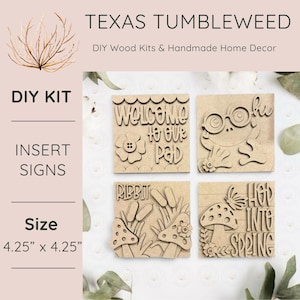 May include: Four unfinished wooden insert signs, each 4.25 inches square, with various designs and text. One sign says "Welcome to our Pad", another features a frog with glasses, a third says "Ribbit", and the last says "Hop into Spring".