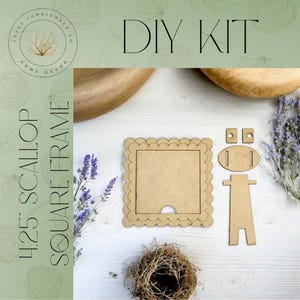 May include: A DIY kit for home decor, featuring a 4.25-inch scallop square frame. The kit includes a scalloped square frame, stand, and other wooden components. The image also shows dried lavender and a small bird's nest.