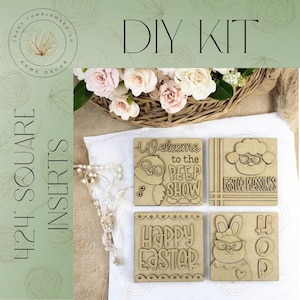 May include: A DIY kit featuring four 4.24-inch square wooden inserts with Easter-themed designs. The inserts include a chick, a sheep, a bunny, and the words "Happy Easter." The kit is perfect for home decor projects.