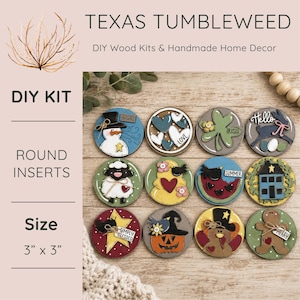 May include: A collection of round DIY wood inserts, each 3 inches by 3 inches, featuring various seasonal and holiday designs. The inserts include a snowman, hearts, a shamrock, a bunny, a sheep, a bird, a house, a star, a pumpkin, a bear, and a gingerbread man.