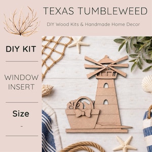 May include: A DIY wood kit for a lighthouse window insert. The unfinished wood cutout features a lighthouse with a basket, starfish, and the text "TEXAS TUMBLEWEED". The image includes other nautical decor.