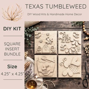 May include: DIY wood kit bundle from Texas Tumbleweed. The square inserts measure 4.25" x 4.25" and feature bee-themed designs. The designs include a beehive, flowers, honey pot, and the words "Bee Kind".