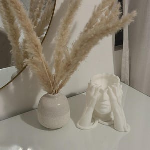 Peut inclure: Un pot en céramique blanche en forme de visage avec des mains qui couvrent les yeux. Le pot est posé sur une surface blanche avec un vase de pampas séchées.