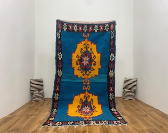 Vintage Moroccan Rug, Handwoven Wool Art, Bold Medallion Design, Turquoise Blue With Golden Yellow Highlights, Tribal Boho Decor