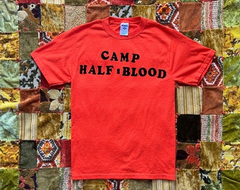 Bright Orange Vintage Tee with Fuzzy Iron On Letters Camp Half Blood