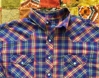 Vintage Plaid Pearl Snap Button Down Long Sleeve Shirt