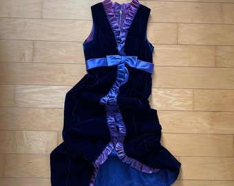 Vintage Velvet Metal Zipper Full Length Dress with Purple Ruffles and High Front Slit