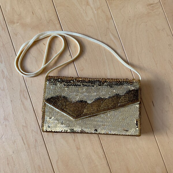 Vintage Gold Sequin and Beaded Purse with Long Strap for Cross Body Wear