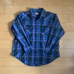 Vintage Mens Plaid Long Sleeve Western Style Pearl Snap Button Down Shirt