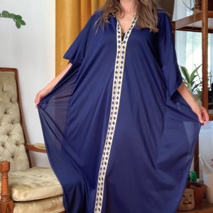 Vintage Navy Blue Kaftan 60s 70s Full Length Dress with Gold Detailing