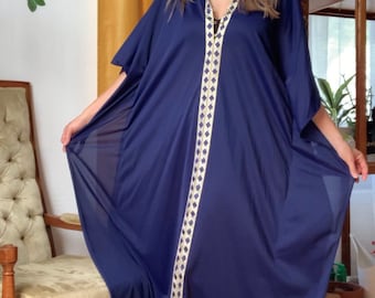 Vintage Navy Blue Kaftan 60s 70s Full Length Dress with Gold Detailing