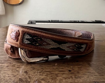 Vintage Brown Leather Belt with Weaving Details 38 inch