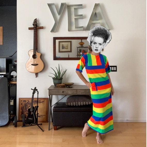 Vintage Rainbow Stripe Terrycloth Full Length Dres