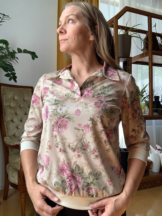 Vintage Floral Ladies Blouse Collared Button Down… - image 1