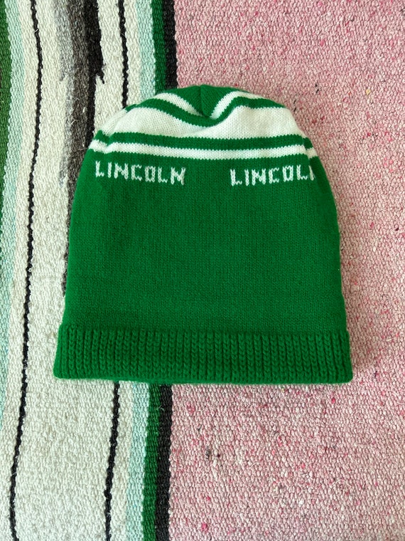 Vintage Green and White Knit Stocking Cap Beanie - image 2