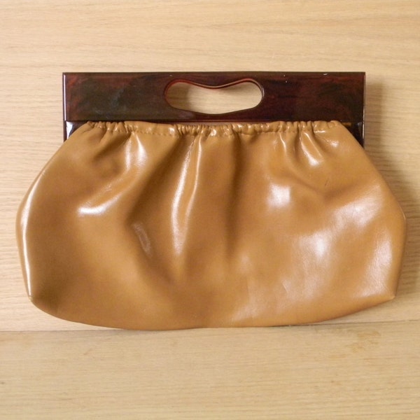 Vintage Handbag Purse Tortoise Lucite Handled Camel Brown Clutch Handbag Purse