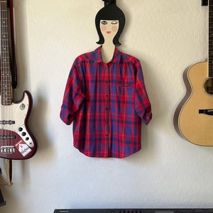 Vintage Plaid 3/4 Sleeve Button Down Ladies Shirt Top Blouse