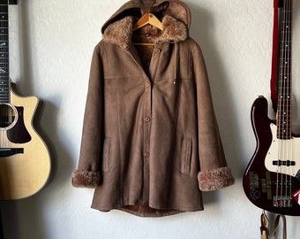 Vintage Suede Winter Coat with Detachable Hood Womens M