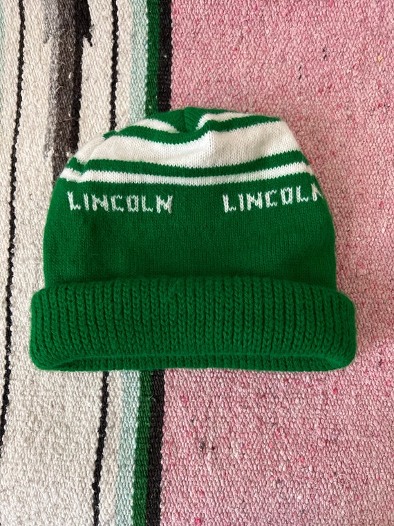 Vintage Green and White Knit Stocking Cap Beanie - image 1