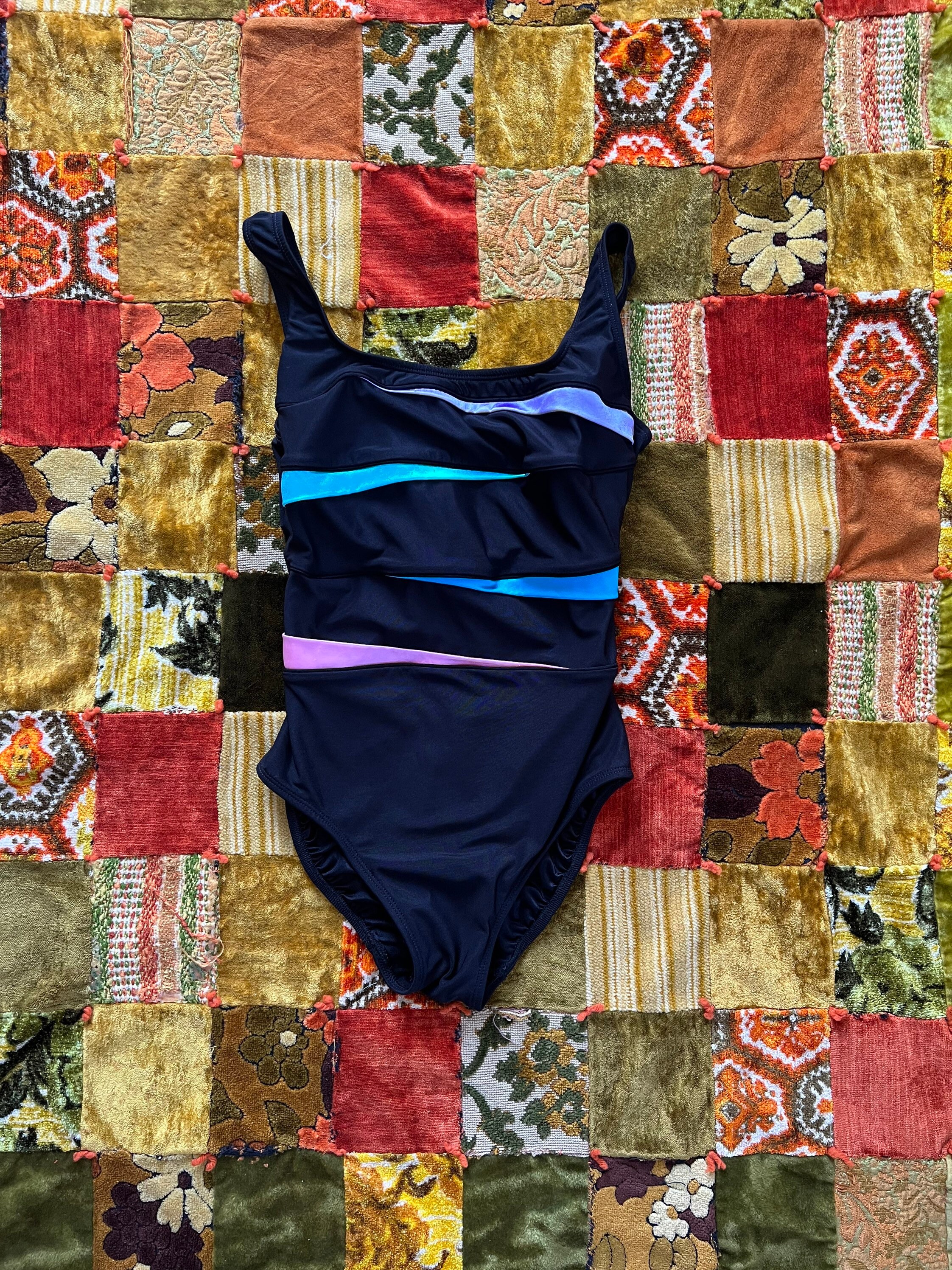 Vintage 80s One Piece Swim Suit Bathing Suit Black with Color blocked stripes