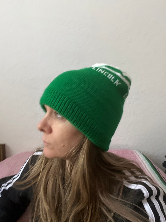 Vintage Green and White Knit Stocking Cap Beanie - image 4