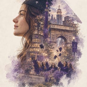 Könnte beinhalten: Digitales Bild mit dem Profil einer Frau, überlagert mit Wahrzeichen von New York City und Absolventen. Der Text "New York University" und "Class of 2026" ist enthalten. Die Farbpalette wird von Lila und Weiß dominiert.