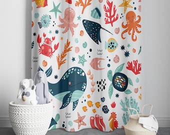 Watercolor Ocean Animals Baby Boy Room Curtain, Nursery Curtains, Window Curtains, Ocean Curtains, Nautical Nursery Decor