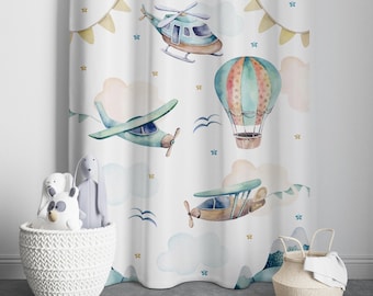 Airplane Hot Air Balloon Curtains, Baby Boy Room Nursery Curtain, Playroom Decor, Gift for Kids, Adventure Theme Nursery, Window Curtains