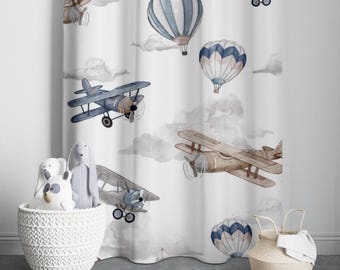 Tende a forma di mongolfiera con aeroplano, tende per cameretta dei neonati, decorazioni per la sala giochi, regali per bambini, tende per finestre a tema avventura.