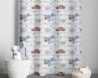 Airplane Curtains, Baby Boy Room Nursery Curtain, Playroom Decor, Gift for Kids, Car Nursery Curtains, Window Curtains