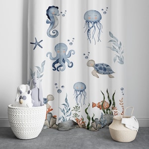 Watercolor Ocean Animals Baby Boy Room Curtain, Nursery Curtains, Window Curtains, Ocean Curtains, Nautical Nursery Decor