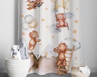 Teddy Bear Moon and Stars Baby Boy Room Curtain Nursery Curtains Window Curtains
