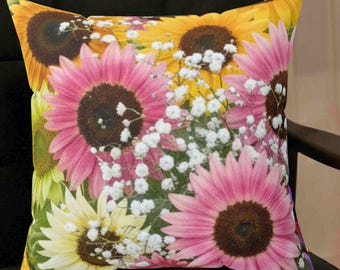 Pink Sunflower Bouquet Pillow | Floral Decorative Throw Cushion