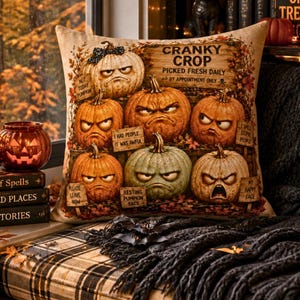 Könnte beinhalten: Ein quadratisches Dekokissen mit einem Grafikdruck von sechs mürrischen Kürbissen mit verschiedenen Gesichtsausdrücken. Der Text lautet CRANKY CROP PICKED FRESH DAILY BY APPOINTMENT ONLY, NOT TODAY PUMPKIN, I HAD PEOPLE IT WAS AWFUL, PLEASE LEAVE NOW, RESTING PUMPKIN FACE, MY HAPPY FACE und I SMELL STUPID PEOPLE.