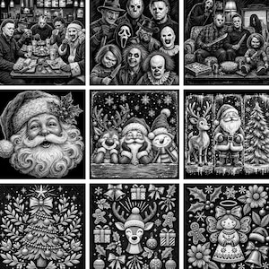Puede incluir: Una colección de nueve ilustraciones en blanco y negro que muestran personajes de películas de terror en entornos festivos, retratos de Santa Claus, renos, muñecos de nieve, árboles de Navidad, figuras de jengibre y regalos.