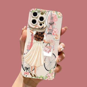 ロマンチックなパリガールのiPhoneケース 16 15 14 13 12 11 Pro Max XS XR 8 7 ソフトマットカバー、美しいフレンチフォンケースギフト