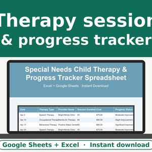 Hoja de cálculo para el seguimiento de la terapia, registro de sesiones y progreso de terapia ocupacional y ABA, planificador para padres de niños con necesidades especiales, hojas de cálculo de Google y Excel.