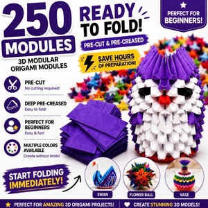 May include: A kit containing 250 pre-cut and pre-creased purple paper modules for 3D modular origami. The image displays a finished purple and white owl-shaped figure, a stack of purple paper, and examples of a swan, flower ball, and vase.