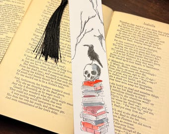 Gothic raven spooky handmade bookmark with black tassel