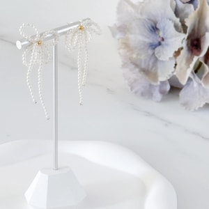 Handmade Pearl Bow Drop Earrings – Elegant Statement Bridal Earrings with Dainty Beads