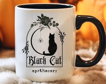 Black Cat Apothecary Halloween Mug, Boho Gypsy Witch,  Cat Coffee Mug, Moon Spider, Spooky Coffee Cup, Black Roses, Practical Magic, Creepy